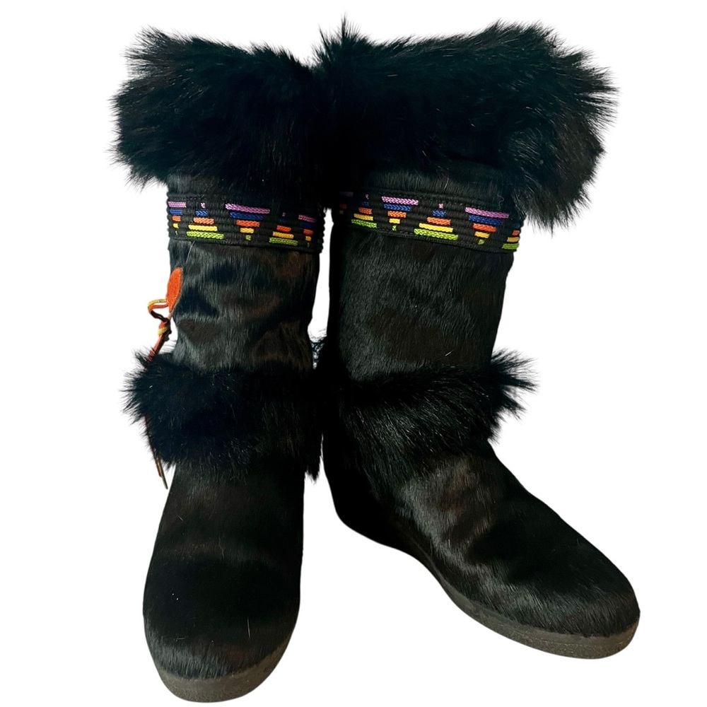 NEW VTG 1990s Tecnica Skandia Black Goat Fur Boots Wool Lining EU 42 US 11.5